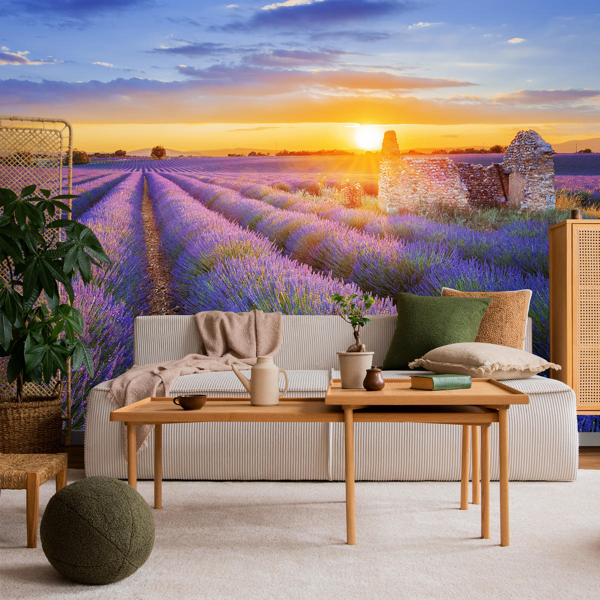 FOTOTAPETA Pre Obývaciu Izbu Levanduľové Pole Západ Slnka Fialová 250 x 175 cm - oranžová/zelená, papier (250/175cm) - Muralo