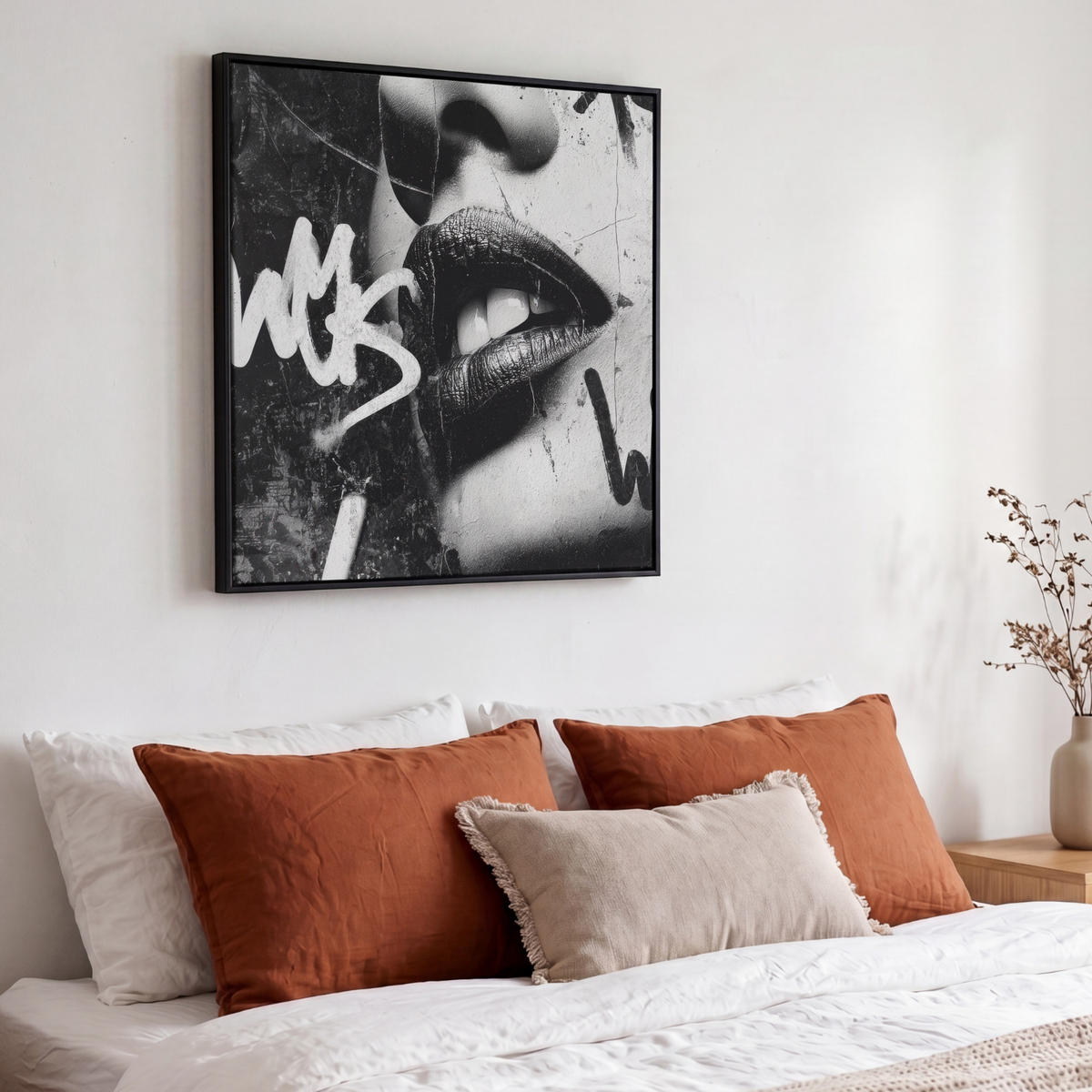 LEINWAND Bilder mit Rahmen - Gesicht - Mund - Graffiti - Schwarz - 50x50 - Schwarz, Textil (50/50cm) - MuchoWow
