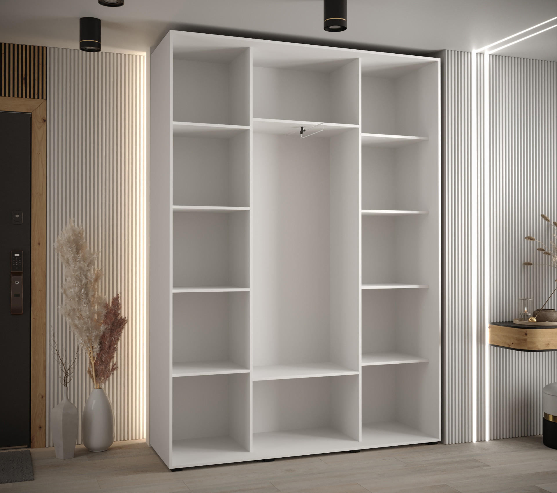 Thumbnail - Abiks Möbel Schwebetürenschrank, Weiß, Weiß, Schwarz, Metall, Nachbildung, 6 Fächer, 160x235x45 cm, Schlafzimmer, Kleide...