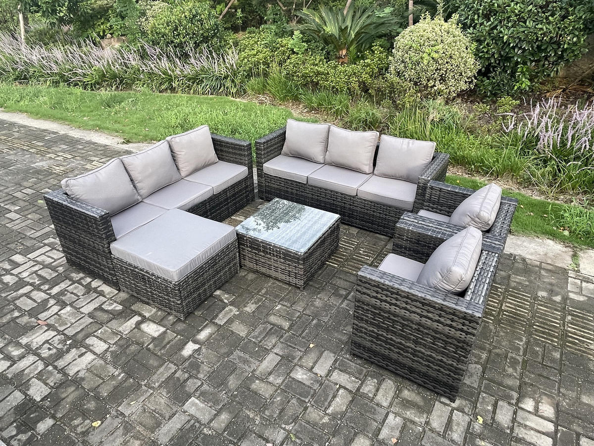 GARTENTISCHGRUPPE Polyrattan 9-Sitzer - Dunkelgrau, Metall - Fimous