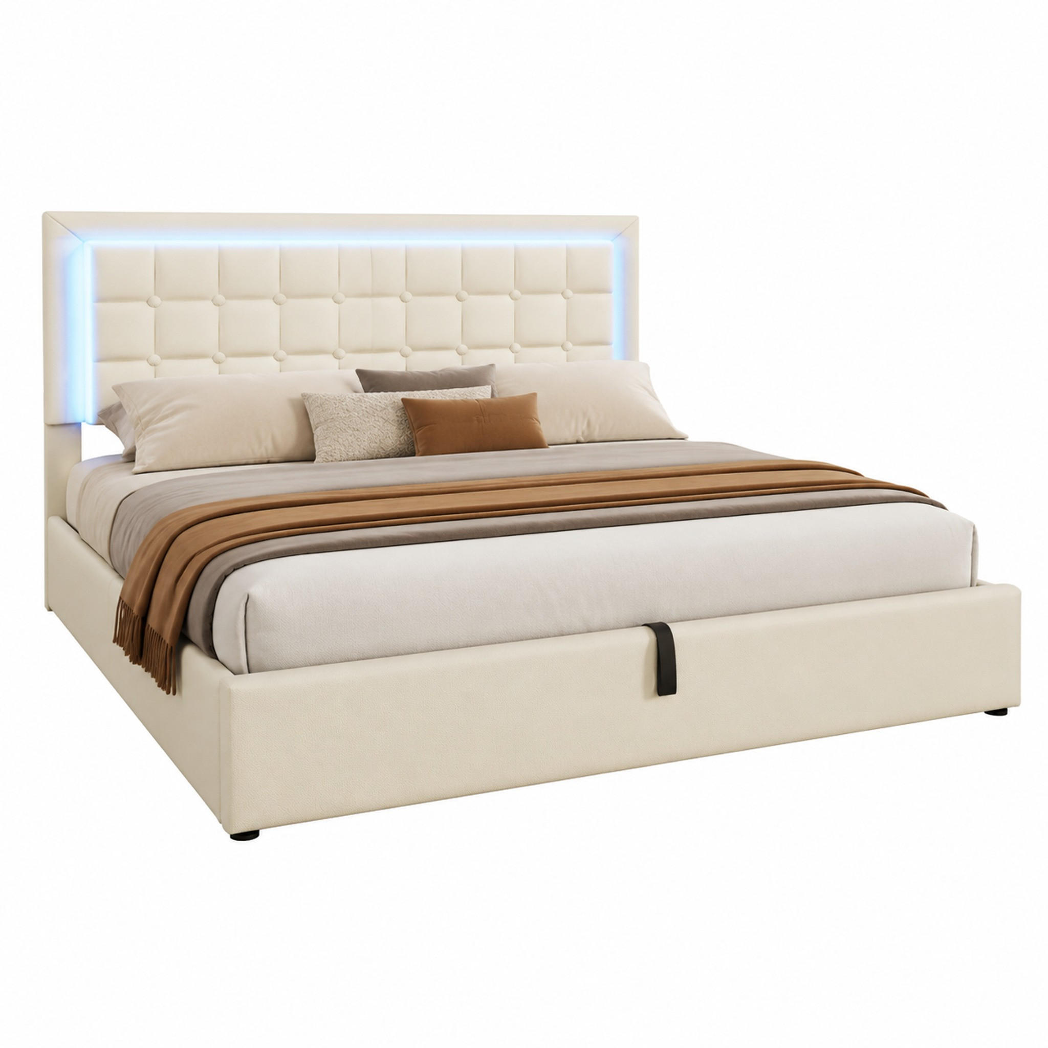 BETT mit Lattenrost, Stauraum und LED 160x200 cm Kunstleder Weiß - Weiß, Metall (160/200cm) - Meubliv