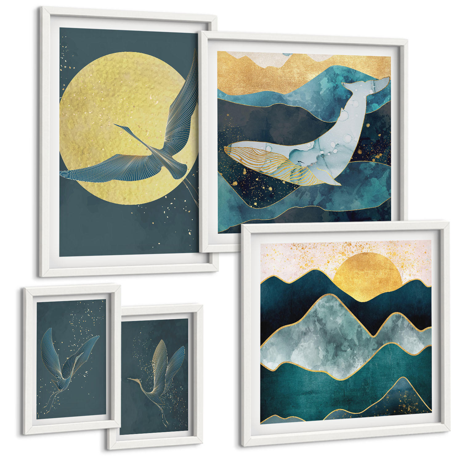 BILDER SET 5er Set - 50x50 cm & 20x30 cm & 40x60 cm Weißer Rahmen - Vögel, Kraniche, Mond, Berge - Weiß, Kunststoff (40/60cm) - TULUP