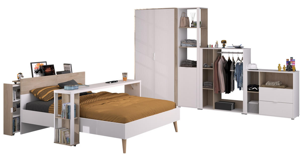 JUGENDZIMMER weiß, Eiche, Komplett-Set 7-teilig mit viel Stauraum - Eichefarben/Weiß, Holzwerkstoff/Kunststoff (145/205/206cm) - Parisot Meuble