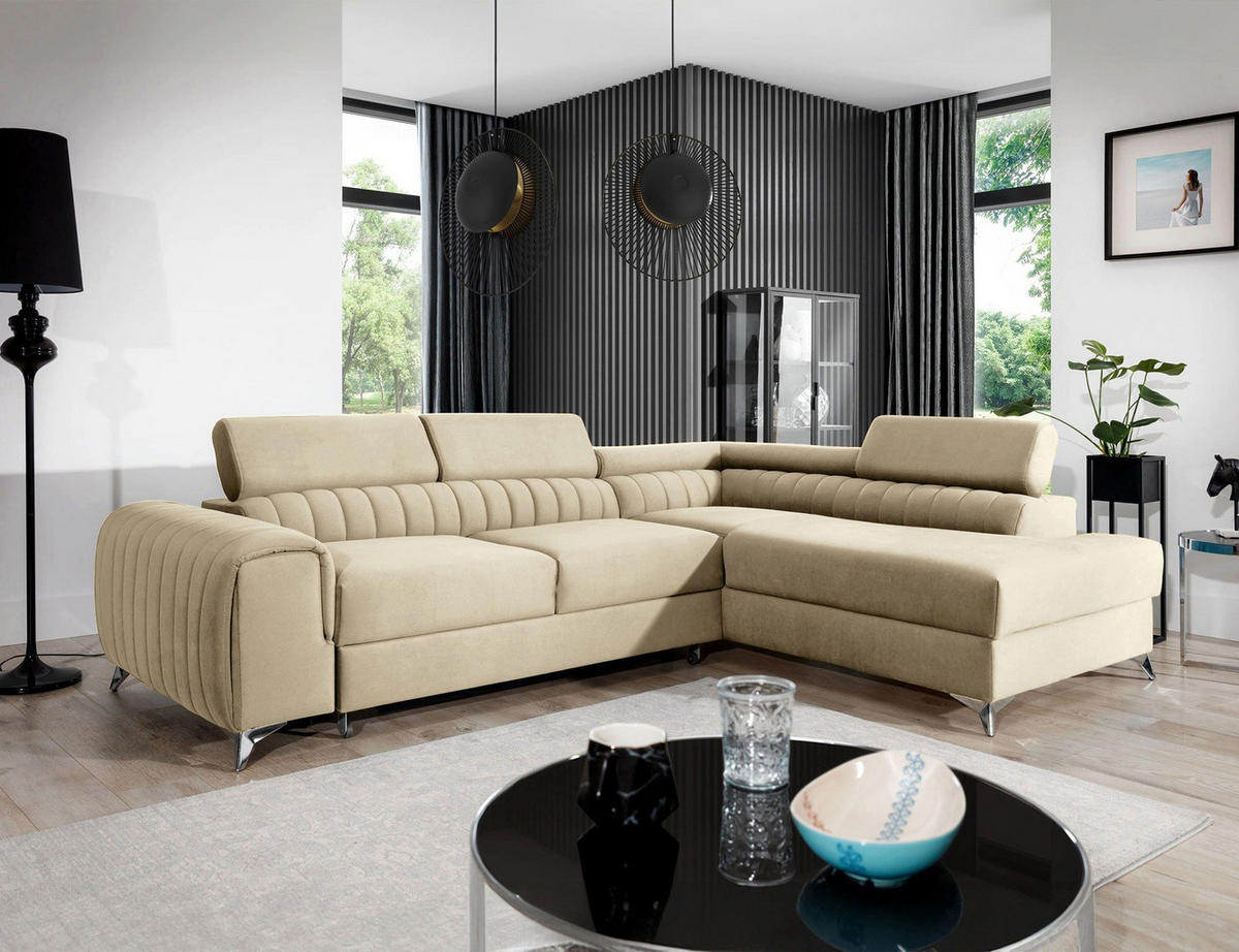 ECKSOFA Laurence mit Schlaffunktion & Bettkasten – 278 x 205 cm, verstellbare Kopfstützen - Beige, Kunststoff (278/205cm) - Wohnideebilder
