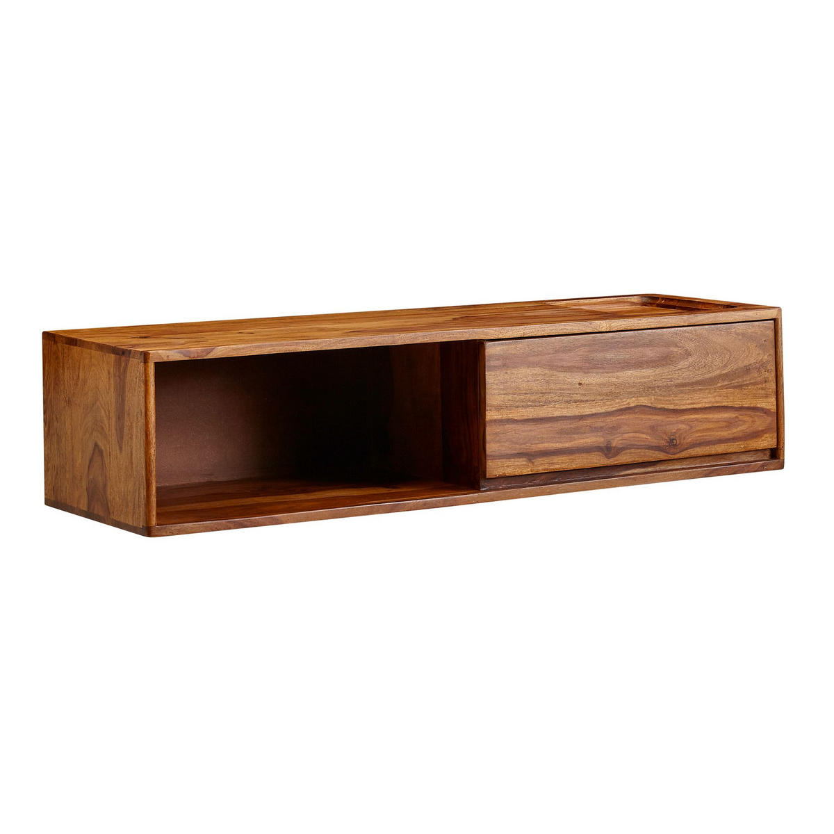 LOWBOARD Massivholz Modern Stil für Fernseher bis 50 Zoll mit Schublade und offenem Fach - Braun, Holz (108/25/34cm) - KADIMA DESIGN