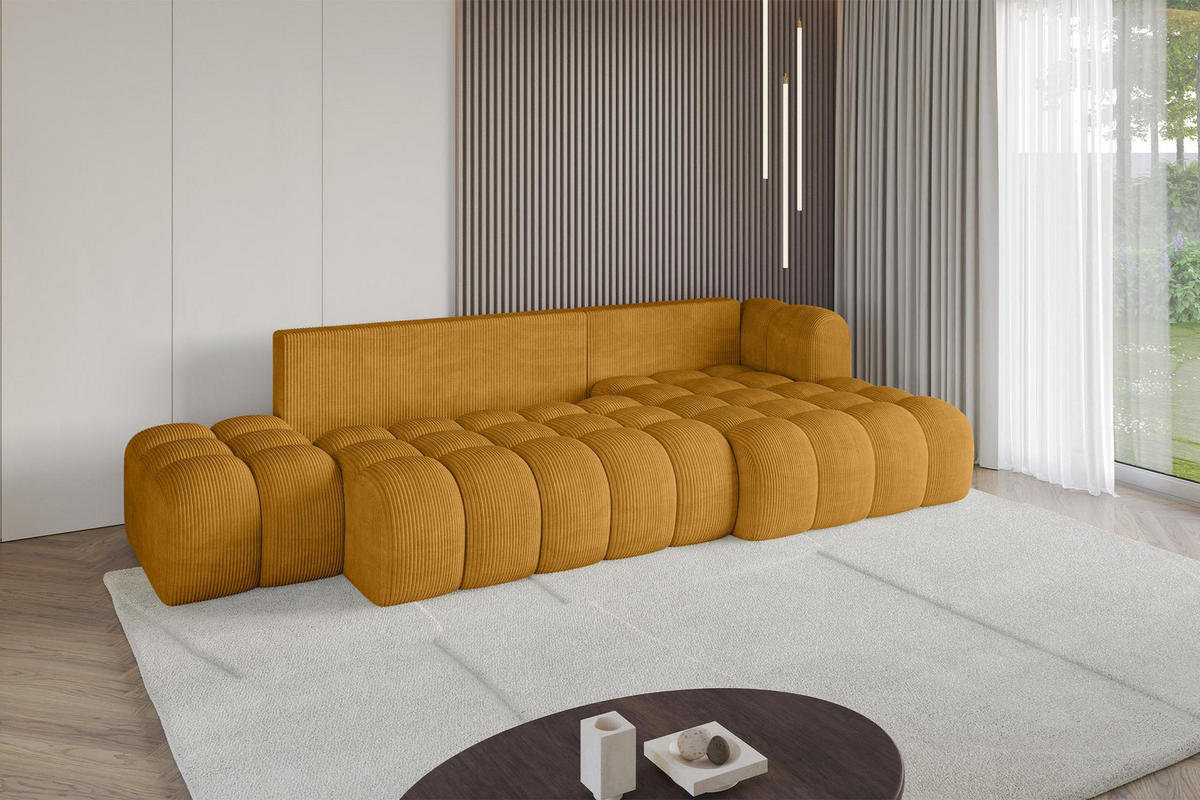 ECKSOFA mit Schlaffunktion Ottomane RECHTS OLEA-L2 321x164x75 Senfgelb Cord - Schwarz/Honig, Holzwerkstoff/Kunststoff (164/321cm) - ALTDECOR