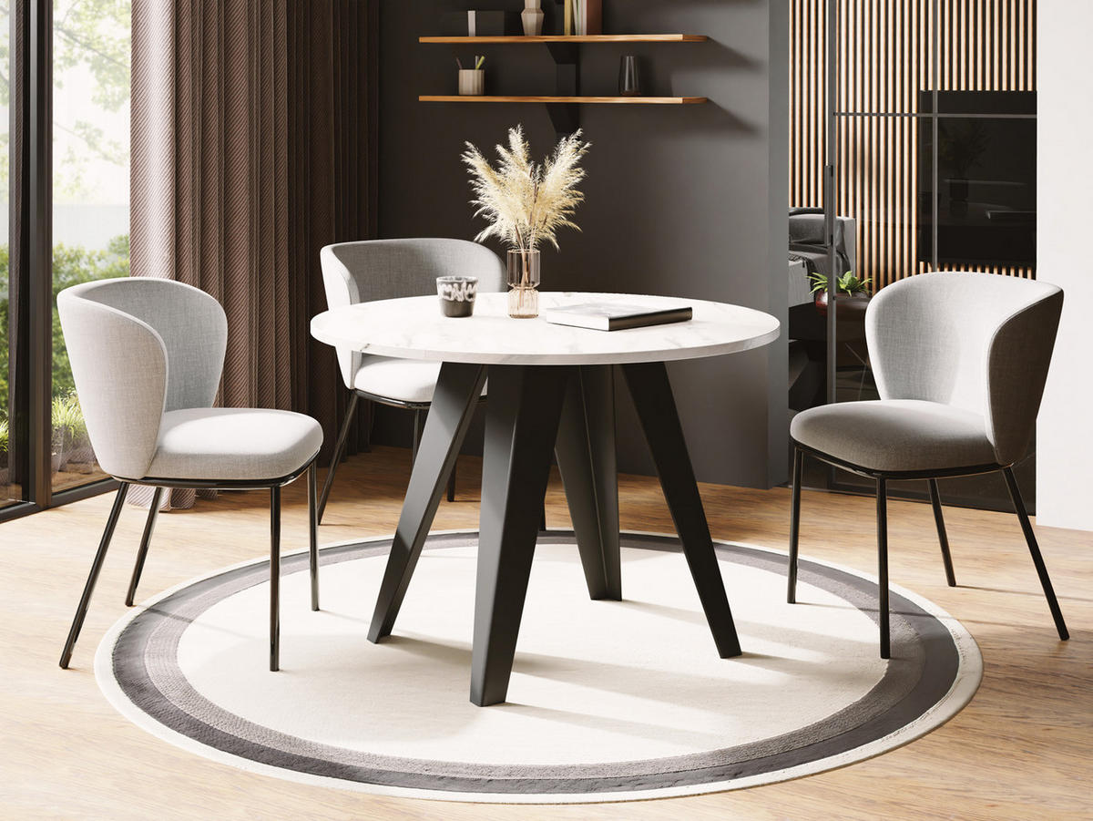ESSTISCH Glory runder ausziehbarer, Marmor Weiß 100-140/100/76 cm - Ecru/Schwarz, Holzwerkstoff/Metall (100/100/76cm) - WFL GROUP