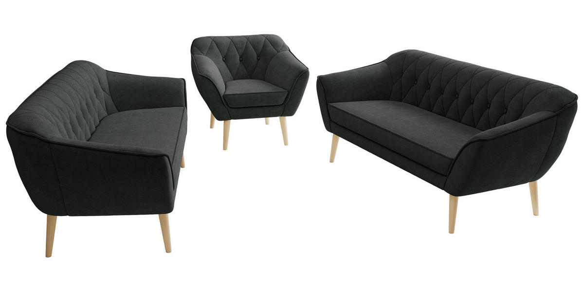 SEDACIA ZOSTAVA 3+3+1 PIRS - Tmavosivá Štruktúrovaná látka - Drevené nohy - farba buka/grafitová, kompozitné drevo/textil (180/75/74cm) - MKS