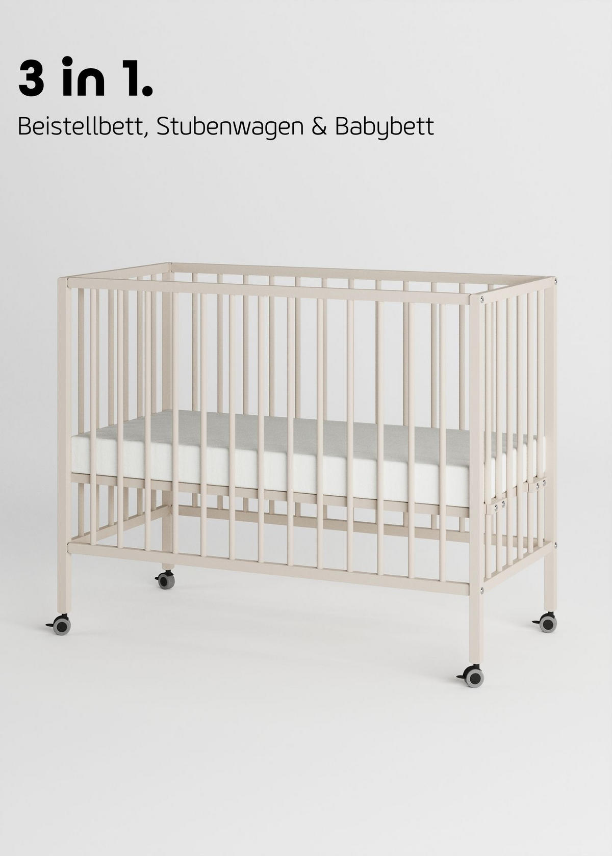 BEISTELLBETT mit Matratze, Rollen & Umbauseite - sahara dust - Dreamy 4 in 1 Bett - Sandfarben, Holz (120/90/60cm) - Sämann – make a difference.
