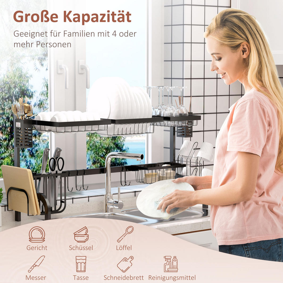 ABTROPFGESTELL Geschirr 2-Stufiges Abtropfständer mit Haken Tellerregal 100 cm - Schwarz, Metall (30/52.5/100cm) - HOMCOM