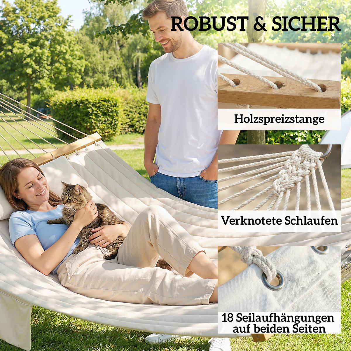 HÄNGEMATTE Buchenholz Polyester Cremeweiß - Creme, Holz (140/2.5/325cm) - Outsunny