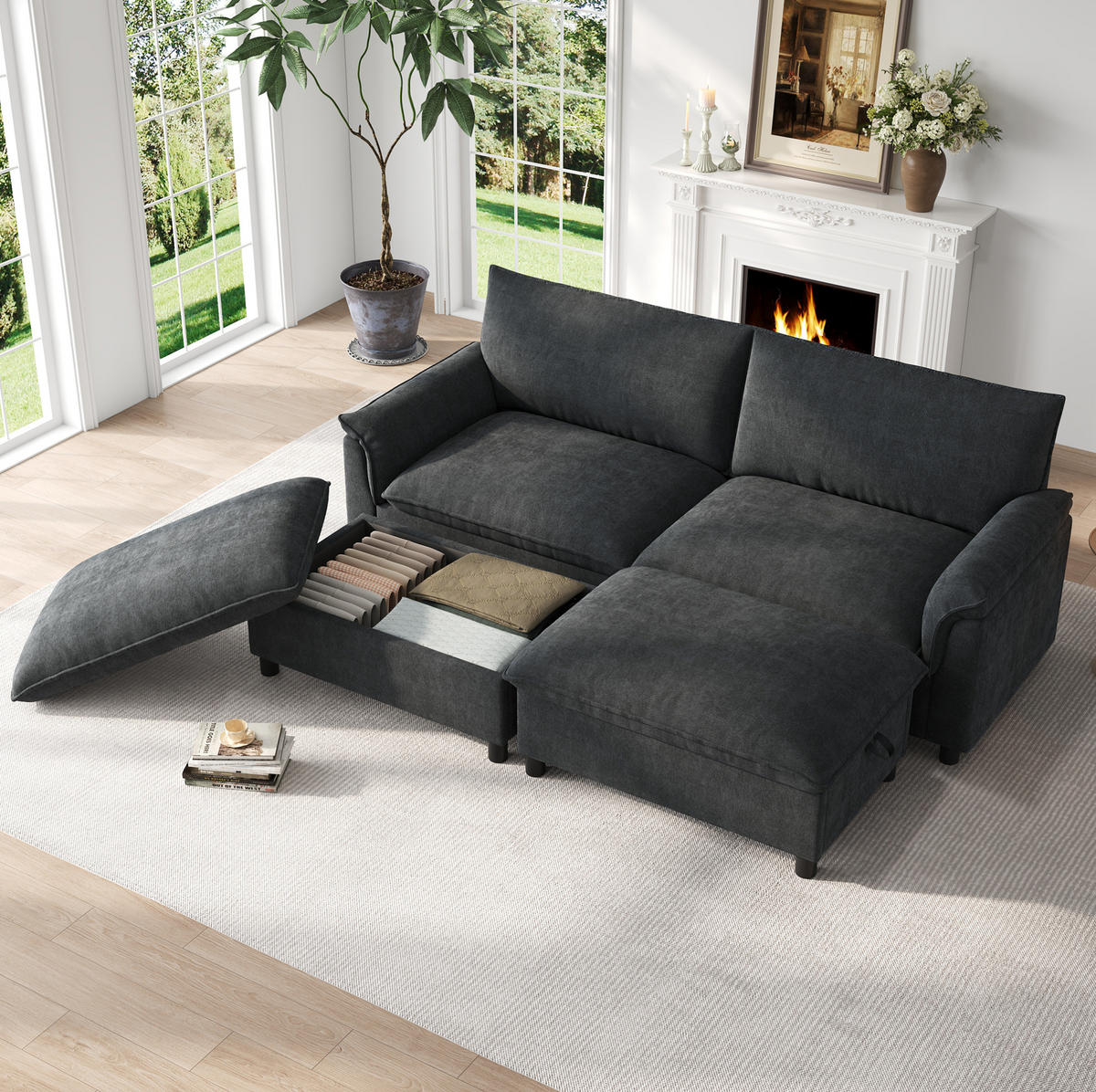 SOFA mit Fußhocker und Stauraum 216 x 77 x 82 cm Chenille Schwarz - Schwarz, Holzwerkstoff (77/82/216.1cm) - Meubliv