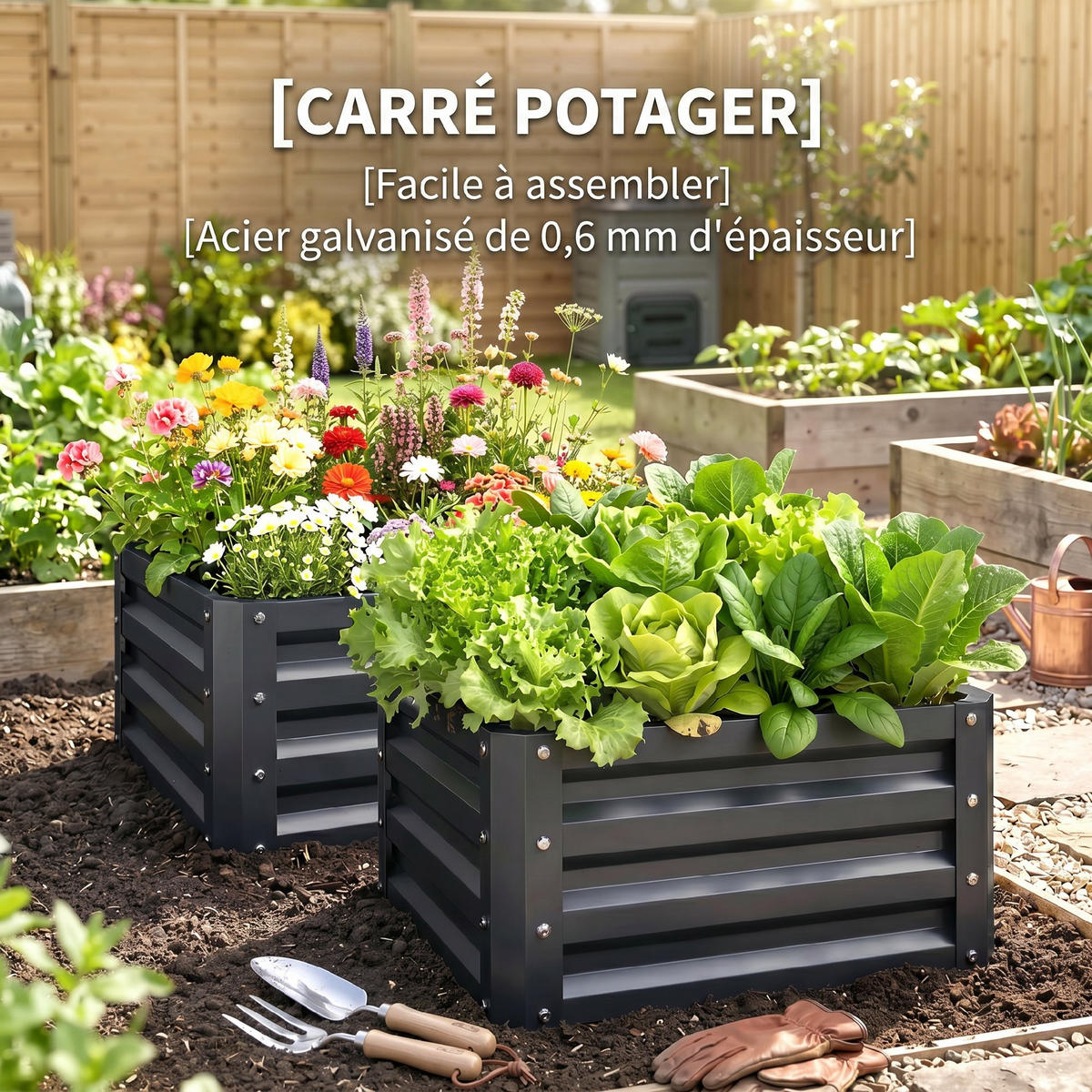 HOCHBEET-SET DE-12214 2er-Set 60/60/30,5 cm mit offenem Boden Grau - Grau, Metall (60/30.5/60cm) - ComfortXL