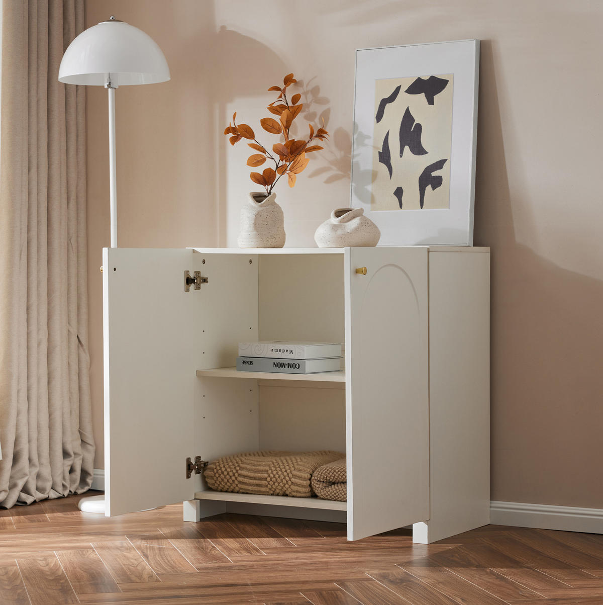 KOMMODE 80/40/80 cm mit 2 Türen und goldfarbenen Griffen - Weiß, Holzwerkstoff (80/80/40cm) - BEAOK