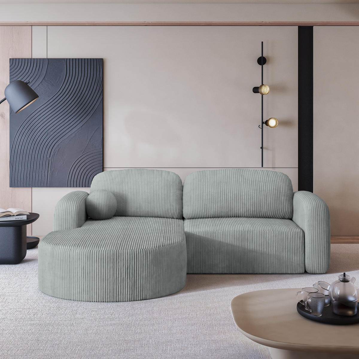 ECKSOFA AMILIA P L-S Hellgrau Kordstoff mit Schlaffunktion - Hellgrau, Holz (263/174cm) - MASSENO