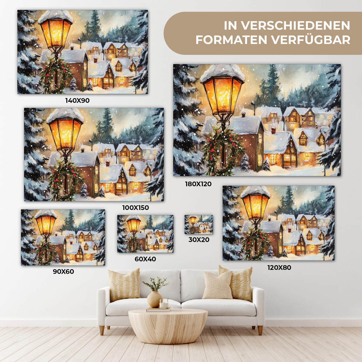 LEINWANDBILD Weihnachtsdorf - Häuser - Schnee - Weihnachten 30x20 cm - Sandfarben, Textil (30/20cm) - MuchoWow
