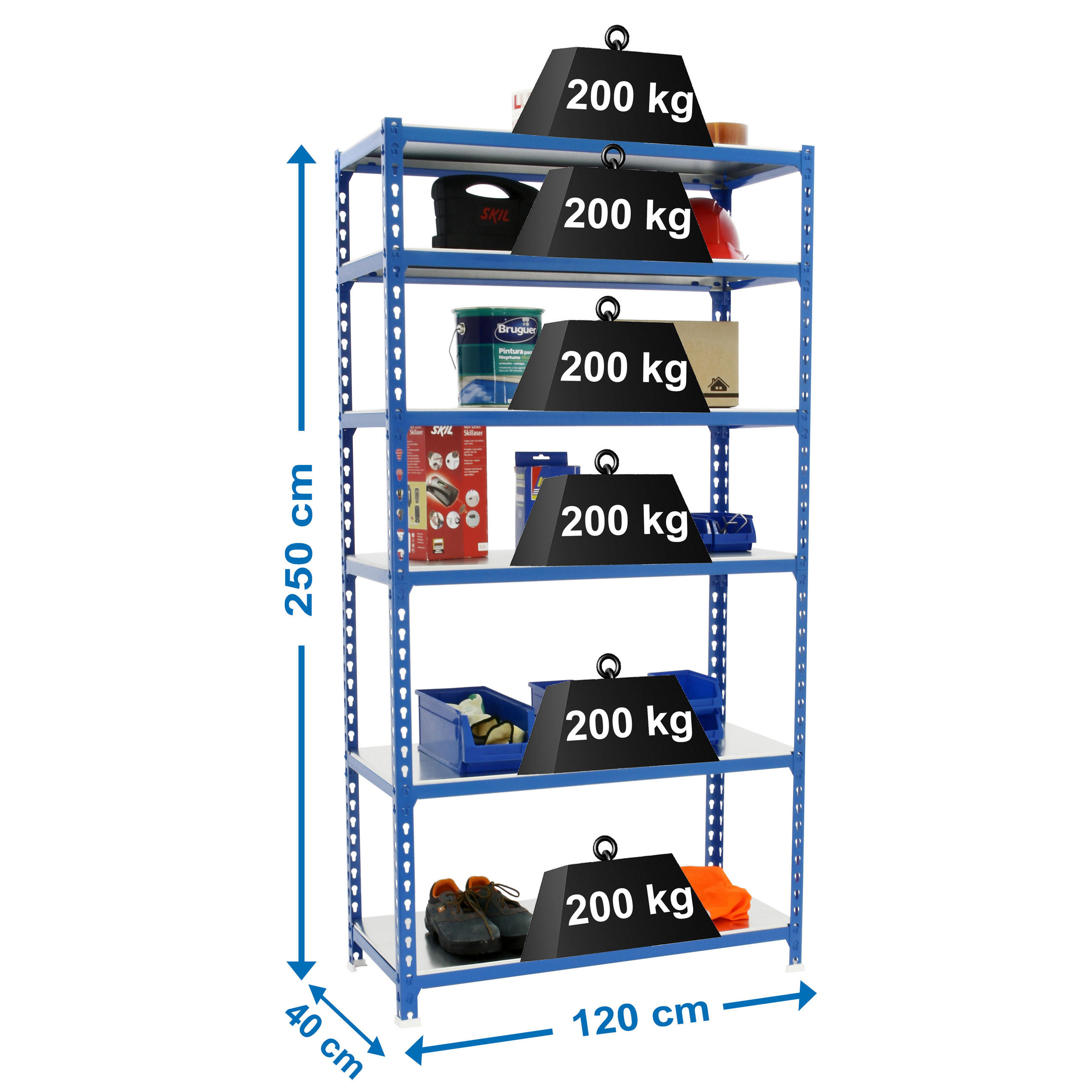 SCHWERLASTREGAL Giant Metal Shark HxBxT 250 x 120 x 40 cm Fachlast 200 kg Blau-Verzinkt - Blau, Metall (120/250/40cm) - PROREGAL