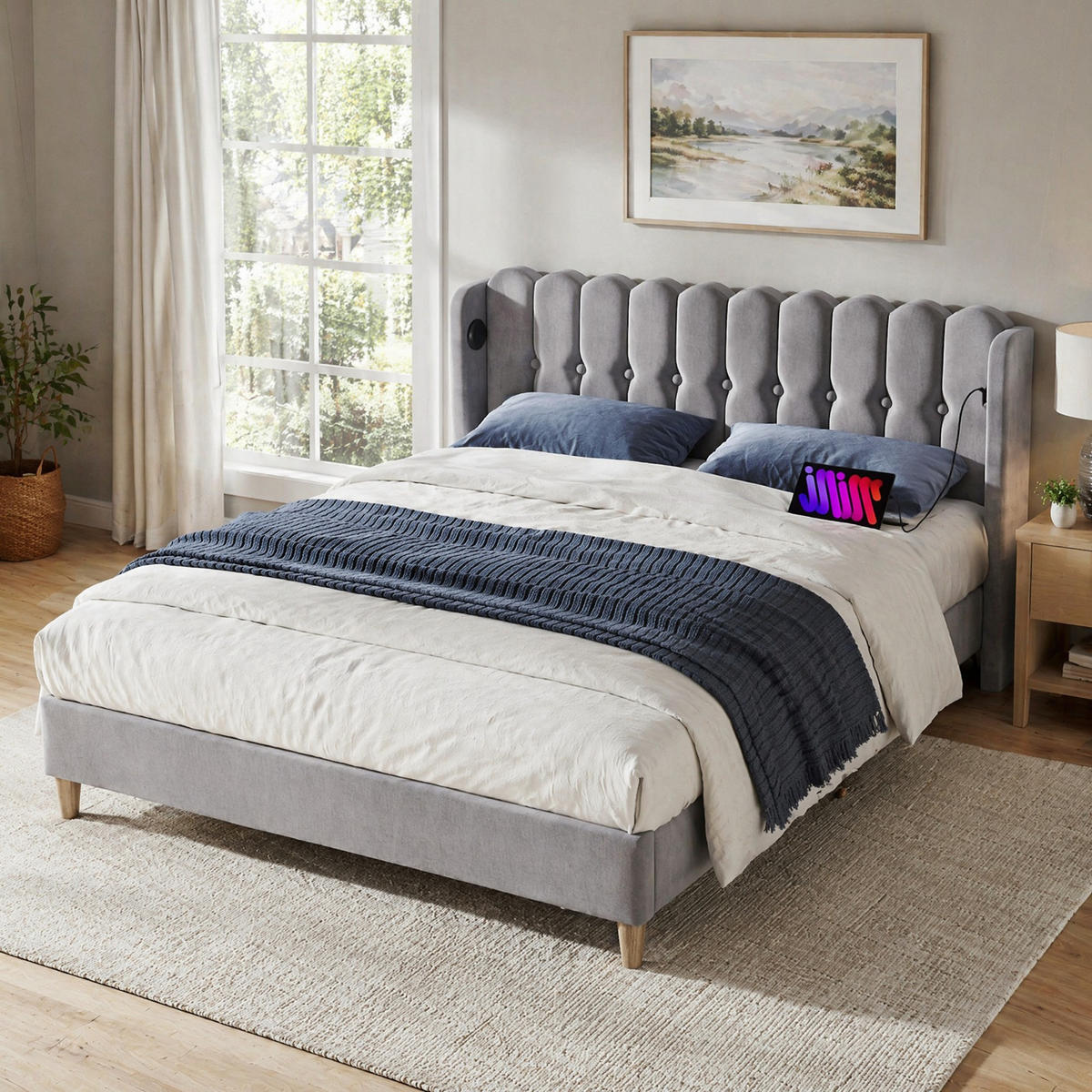 POLSTERBETT 140/200 mit USB, Type-C und Lattenrost in Grau - Grau, Holzwerkstoff/Textil (140/200cm) - EVRYAE