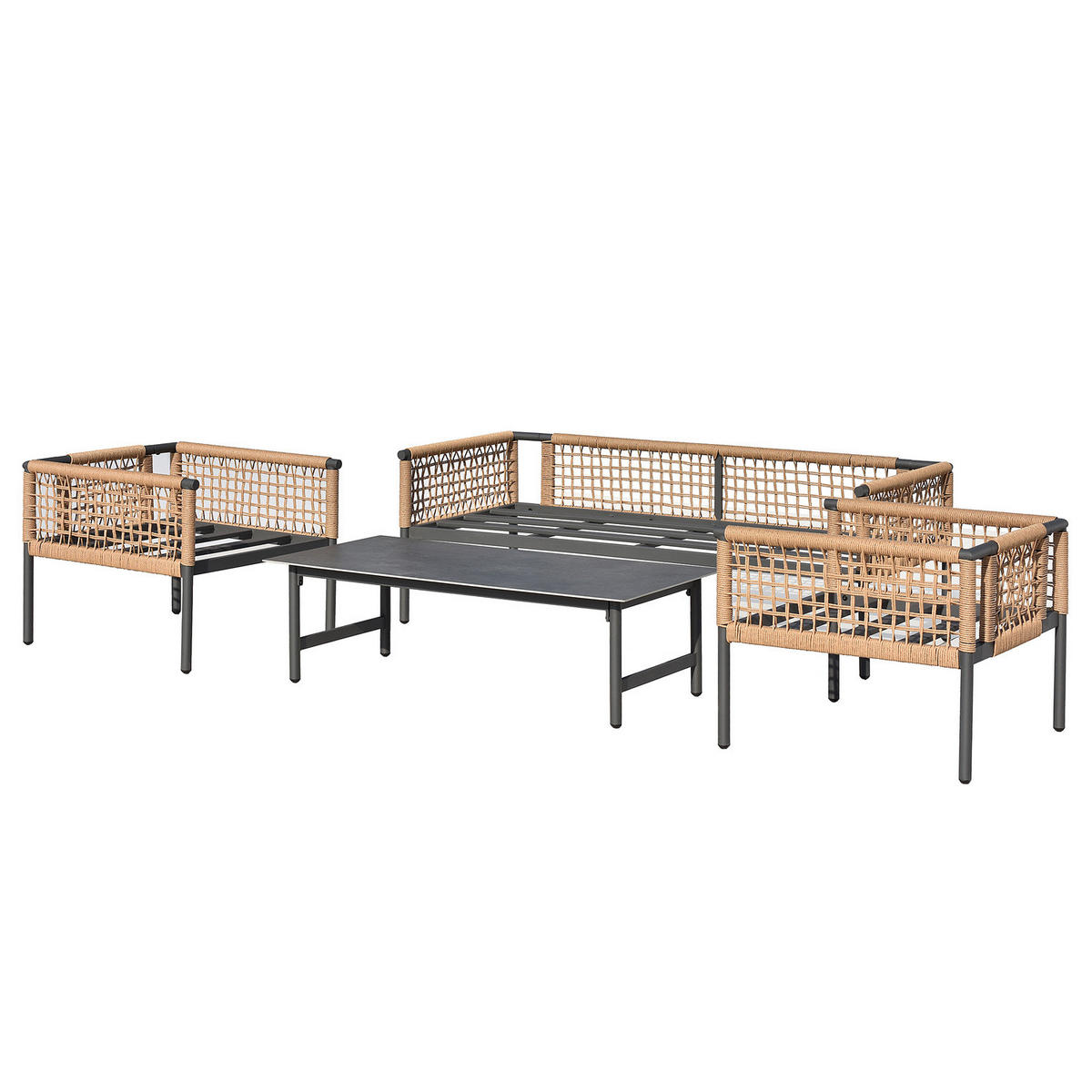 LOUNGEGRUPPE - 4-teilig - Stahl / Webstoff - Grau - Weiß/Grau, Kunststoff/Textil - home24