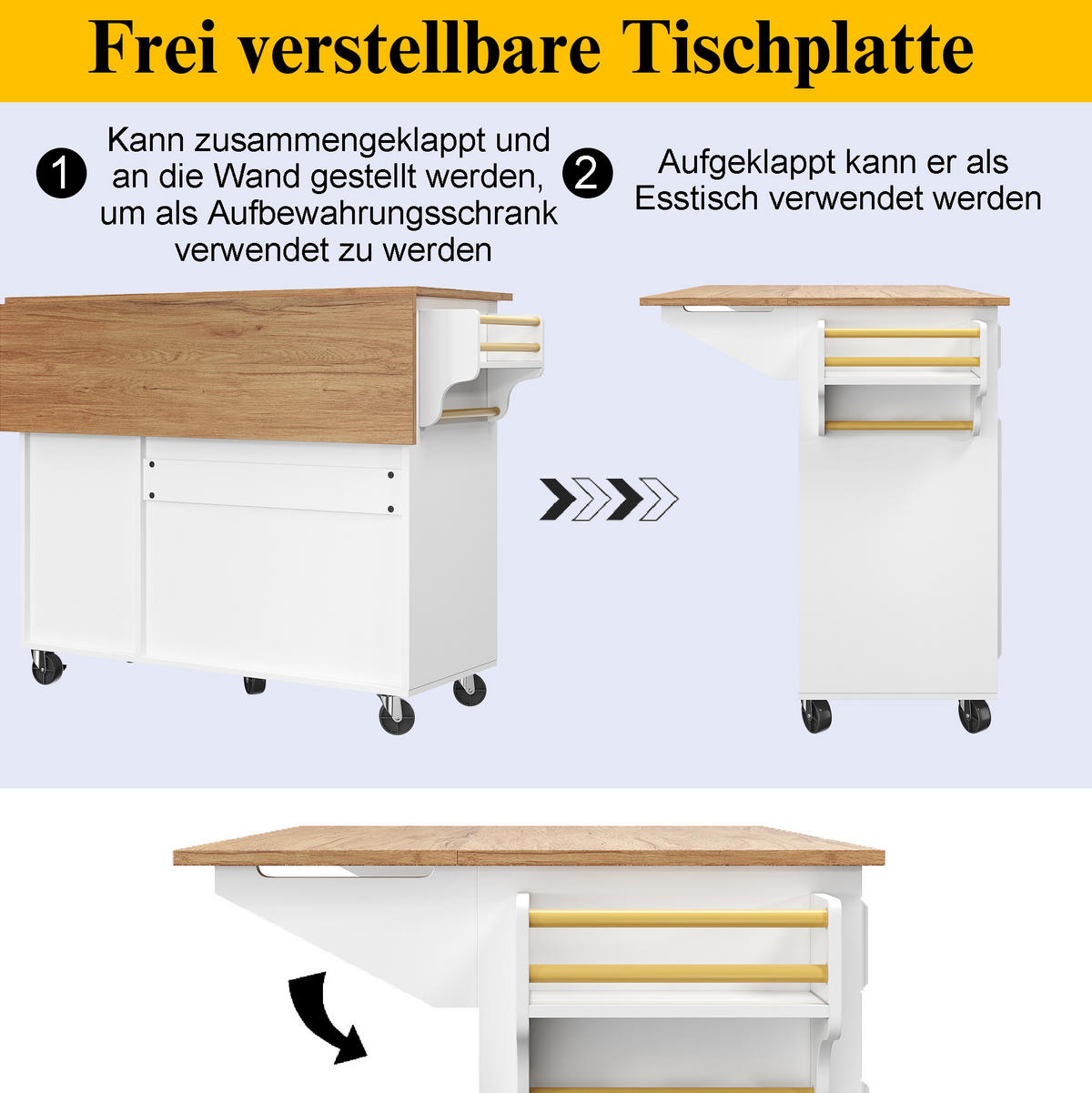 KÜCHENINSEL 110x75x92cm Weiß mit Klapptisch & Schubladen - Weiß, Holzwerkstoff (110/92/75cm) - Modfu