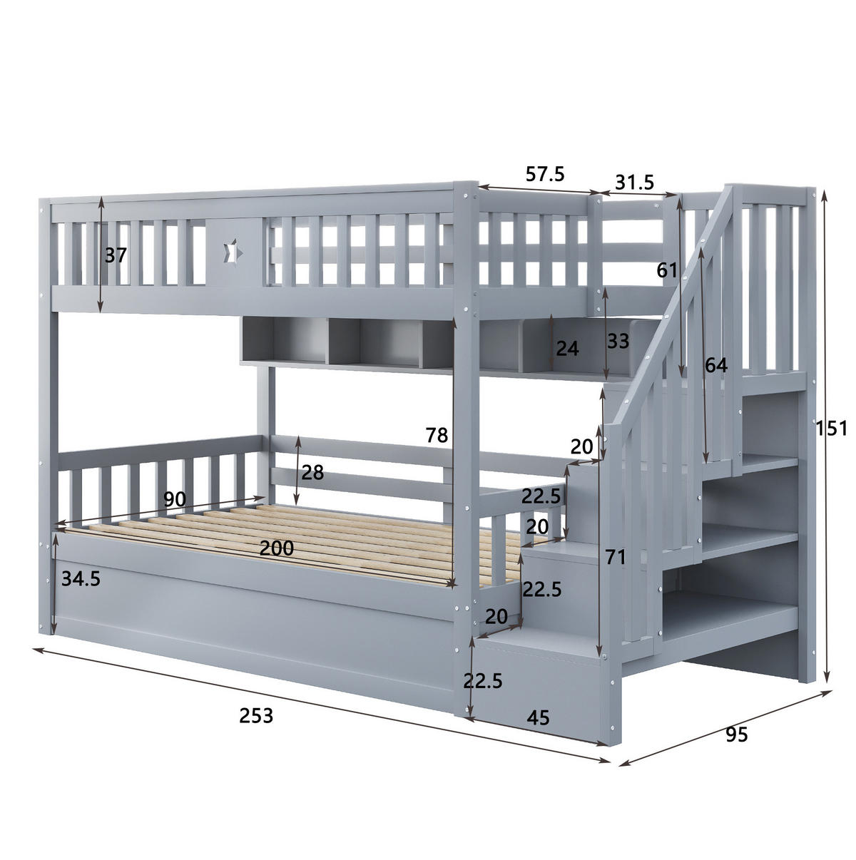 HOCHBETT 90/200 cm mit hydraulischem Stauraum, Regalen und Treppe, Grau - Grau, Holzwerkstoff (90/200cm) - Redom