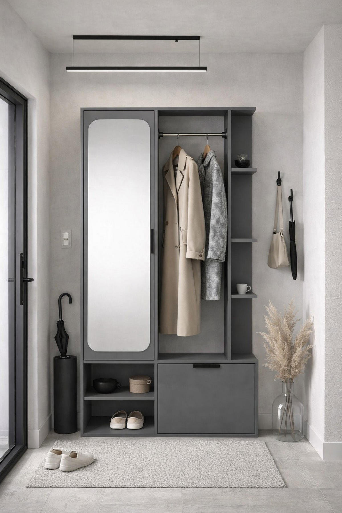 GARDEROBE Mela mit Spiegel, Sitzbank & Kleiderstange – 100/189/33 cm – Grau - Schwarz/Grau, Holzwerkstoff/Metall (100/189.4/33cm) - WFL GROUP