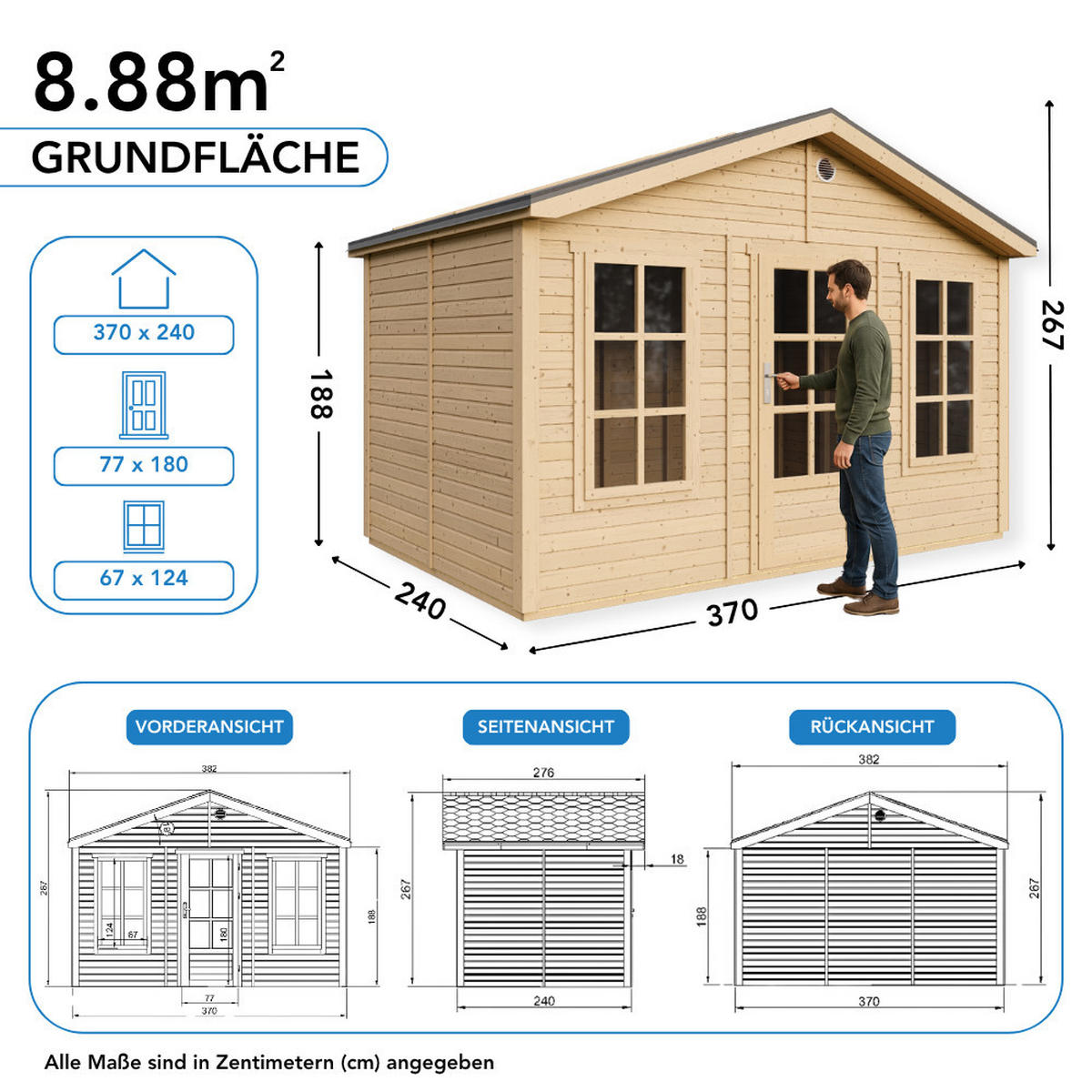 GARTENHAUS HOLZ M734 370 x 240 cm - Naturfarben, Holz (382/267/276cm) - Timbela