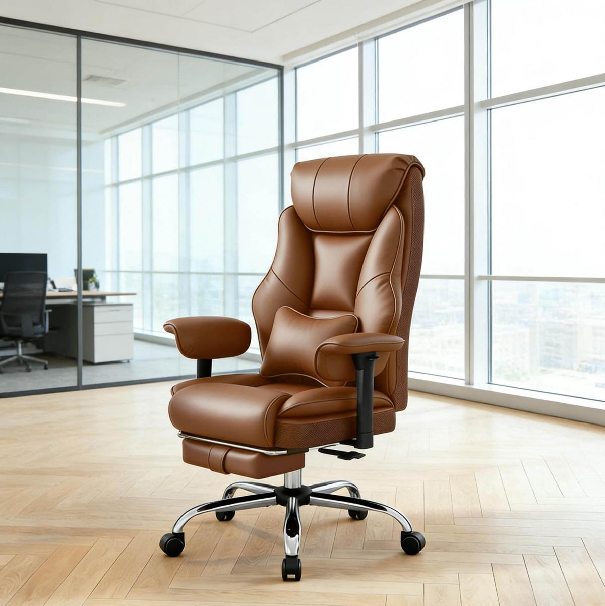 DREHSTUHL 77/71/118-125,5 cm braun aus PU, Metall und Schaumstoff mit 3-fach Neigung - Braun, Kunststoff (35.5/125.5/77cm) - OKWISH