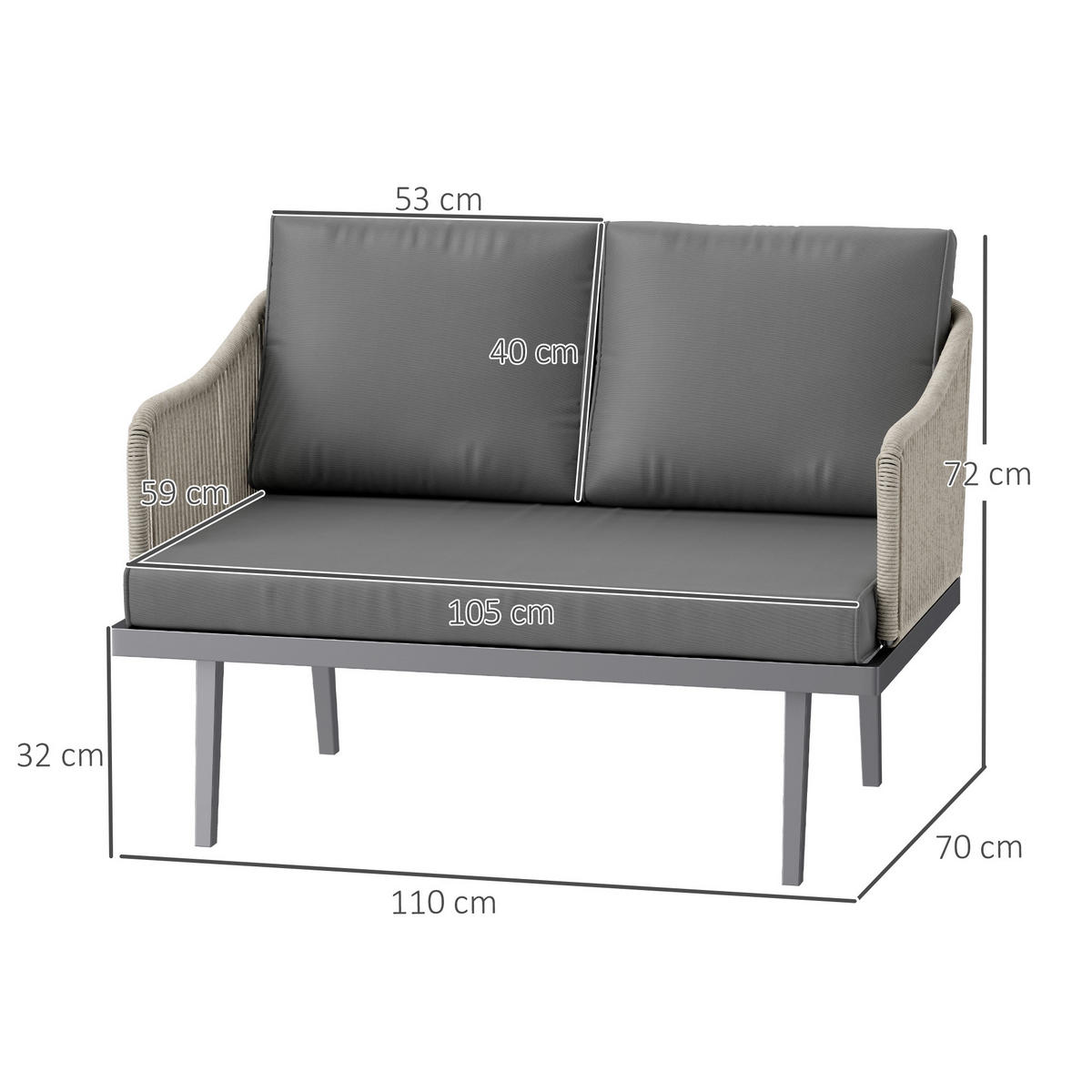 GARTENBANK DE-13424 2-Sitzer mit Kissen Dunkelgrau - Dunkelgrau, Metall (110/72/70cm) - ComfortXL