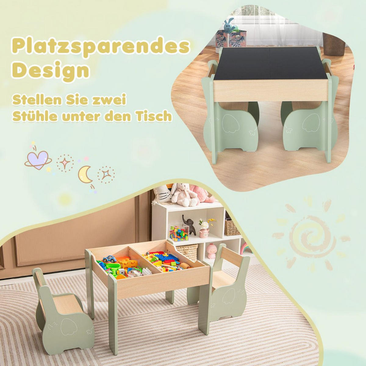 KINDERTISCH mit Stuhl grün(3-tlg) - Grün, Holzwerkstoff (63.5/48/61.5cm) - COSTWAY