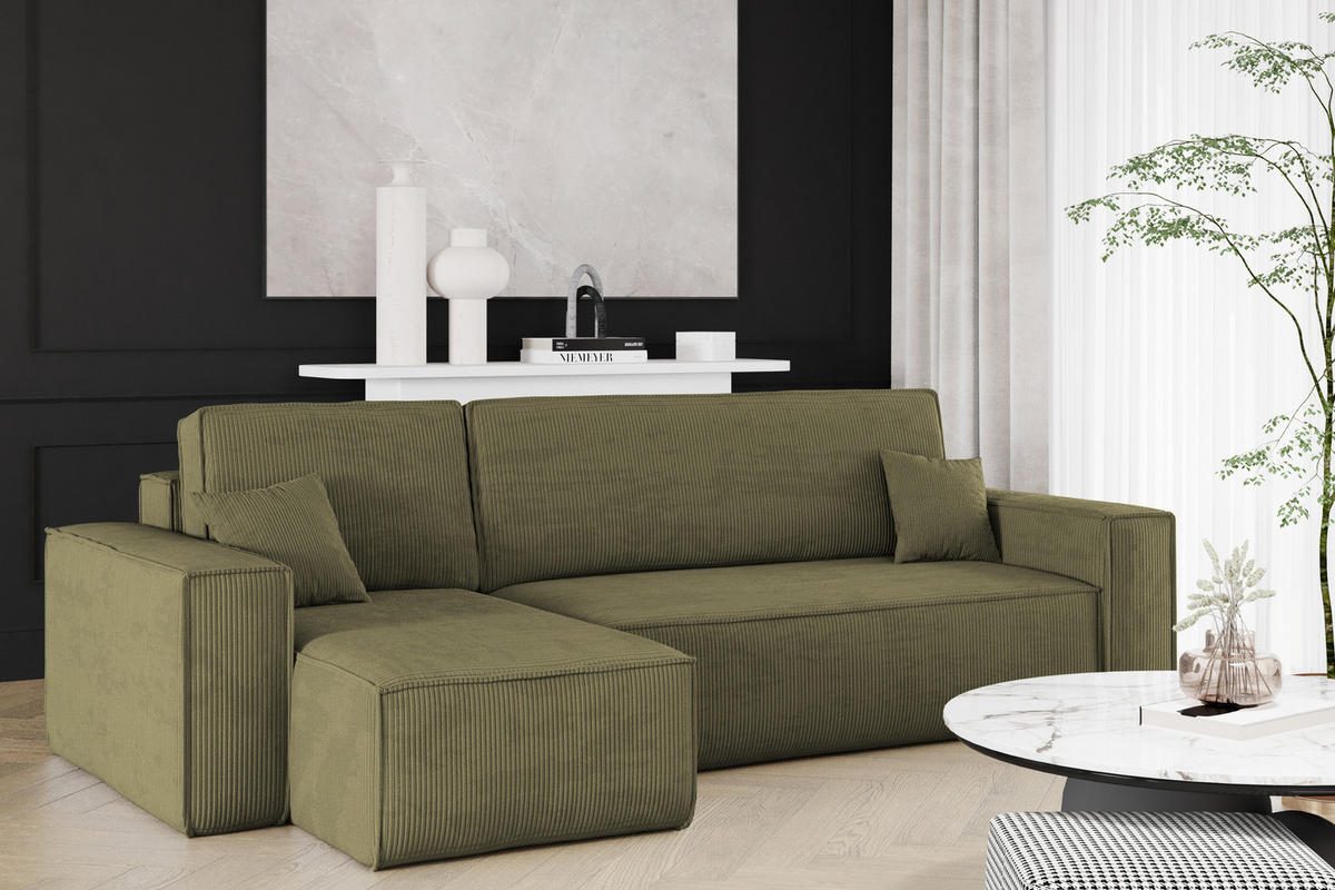 ECKSOFA Mit Schlaffunktion Und Bettkasten BEST Stoff Poso Dicker Cord Olive Links - Olivgrün, Holz/Textil (142/244cm) - Kaiser Möbel