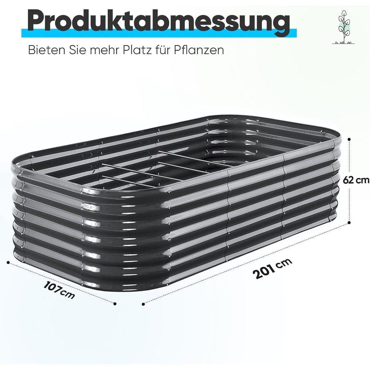HOCHBEET Metall Grau 201 x 107 x 62 cm - Schwarz, Metall (107/62/201cm)