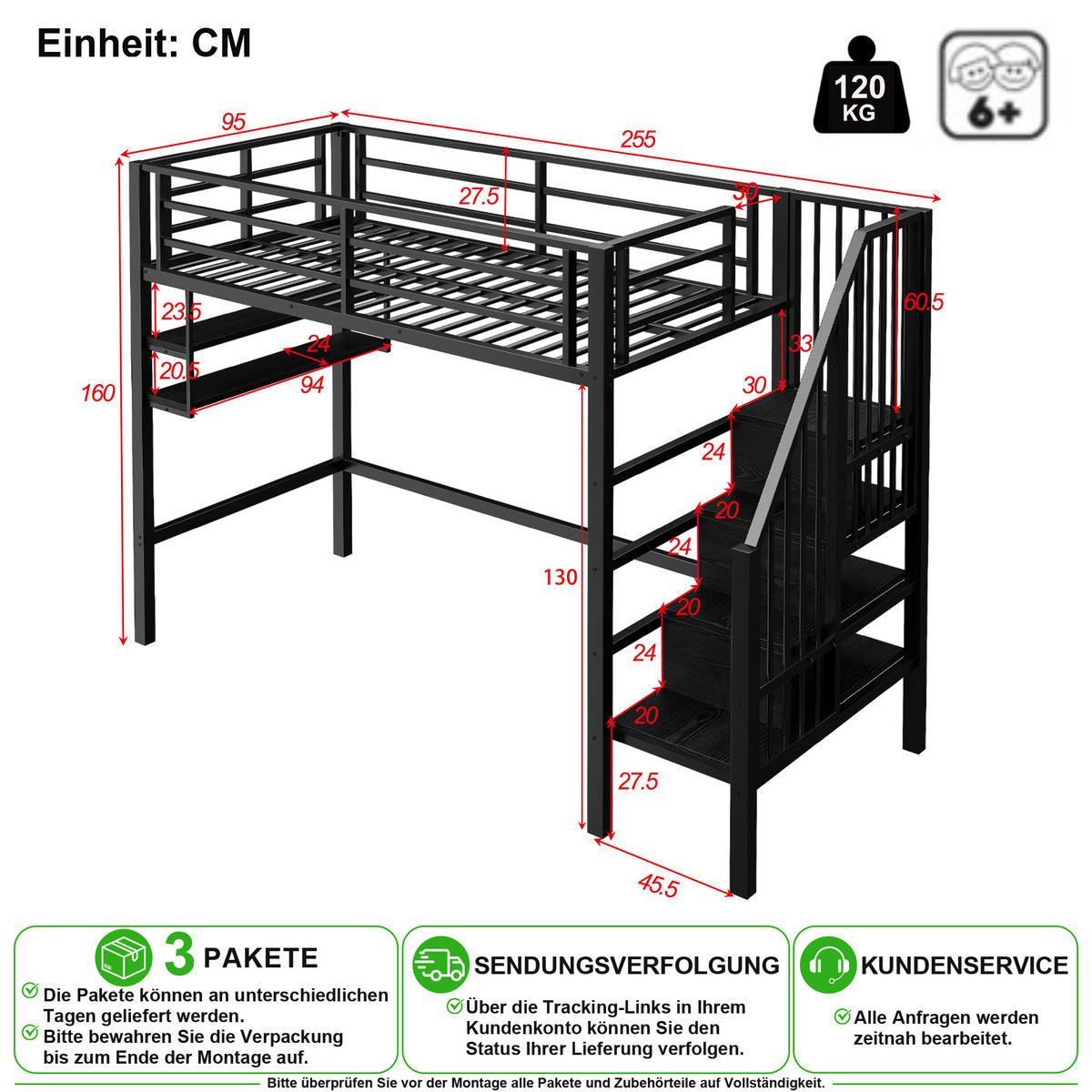 VYSOKÁ POSTEL 90/200 cm v černé barvě s policí, úložným žebříkem a zábradlím - černá, kov/kompozitní dřevo (90/200cm) - CHICFURN