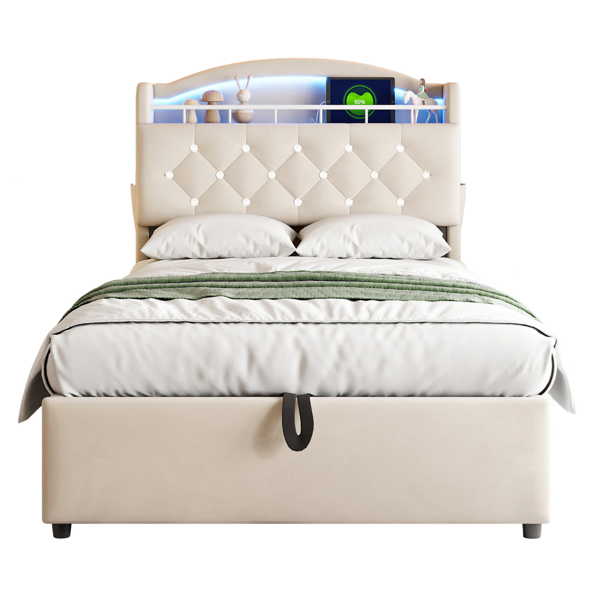 BETT mit Stauraum 90x200 cm Samt Beige mit LED und USB - Beige, Metall (90/200cm) - Meubliv