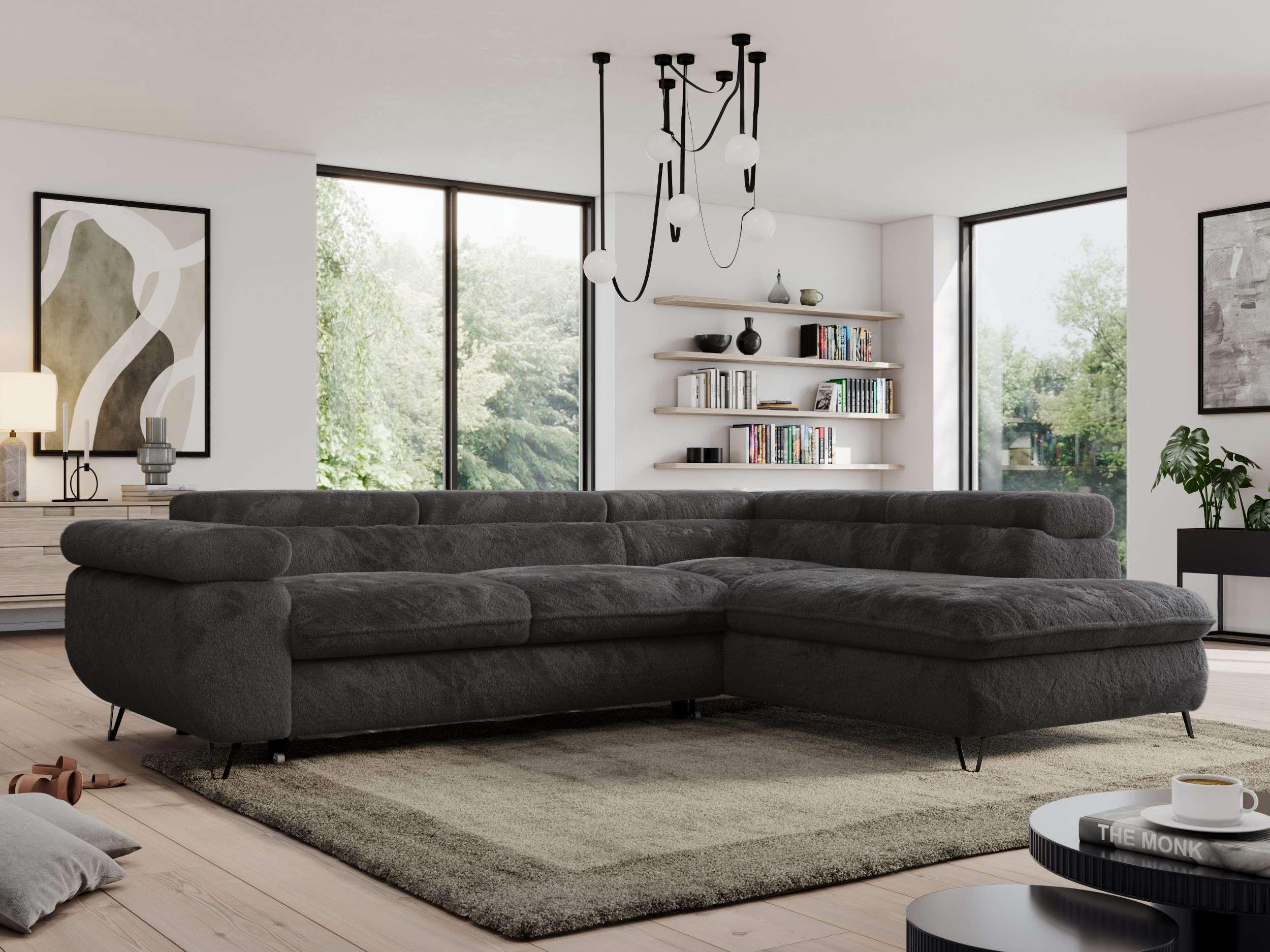 ECKSOFA PEDRO L Anthrazit Plüsch - Rechts Seite - Anthrazit/Schwarz, Textil/Metall (273/208cm) - MKS