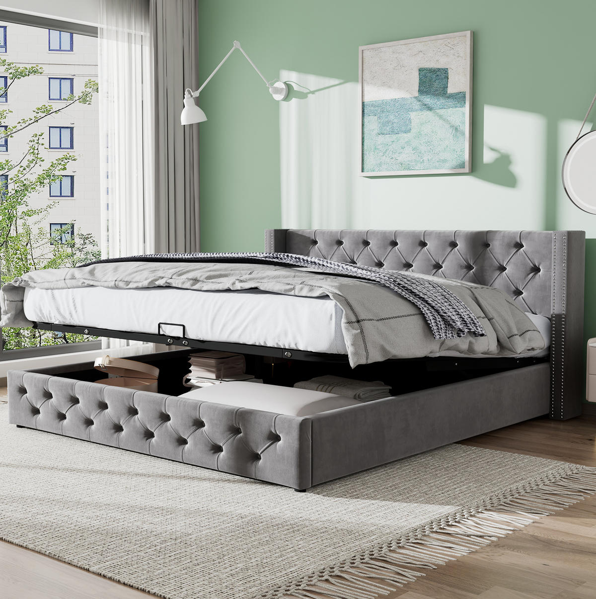 POLSTERBETT 140/190 cm mit hydraulischem Bettkasten und Chesterfield-Steppung aus Samt, Grau - Grau, Textil (140/190cm) - Redom