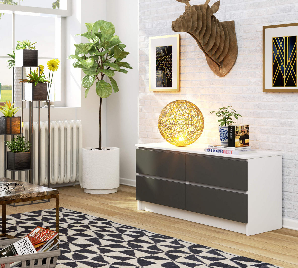 KOMMODE Weiß, Graphit Grau 55/120/40 - Weiß, Holzwerkstoff (120/55/40cm) - RAUMHIRSCH FURNITURE