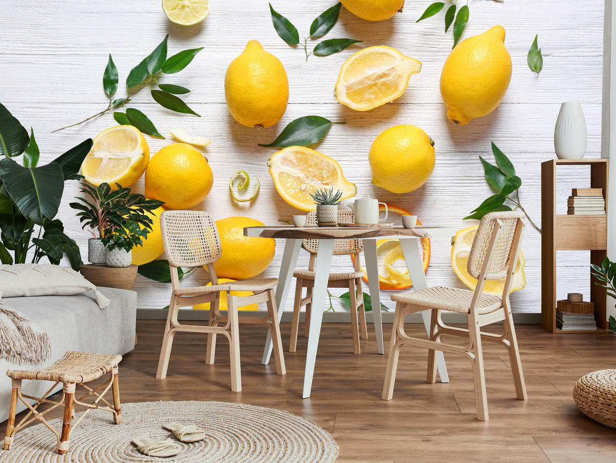 FOTOTAPETE für Küche Zitronen Holztisch Blätter Frisch Rustikal 300x210 - Gelb/Weiß, Papier (300/210cm) - Muralo