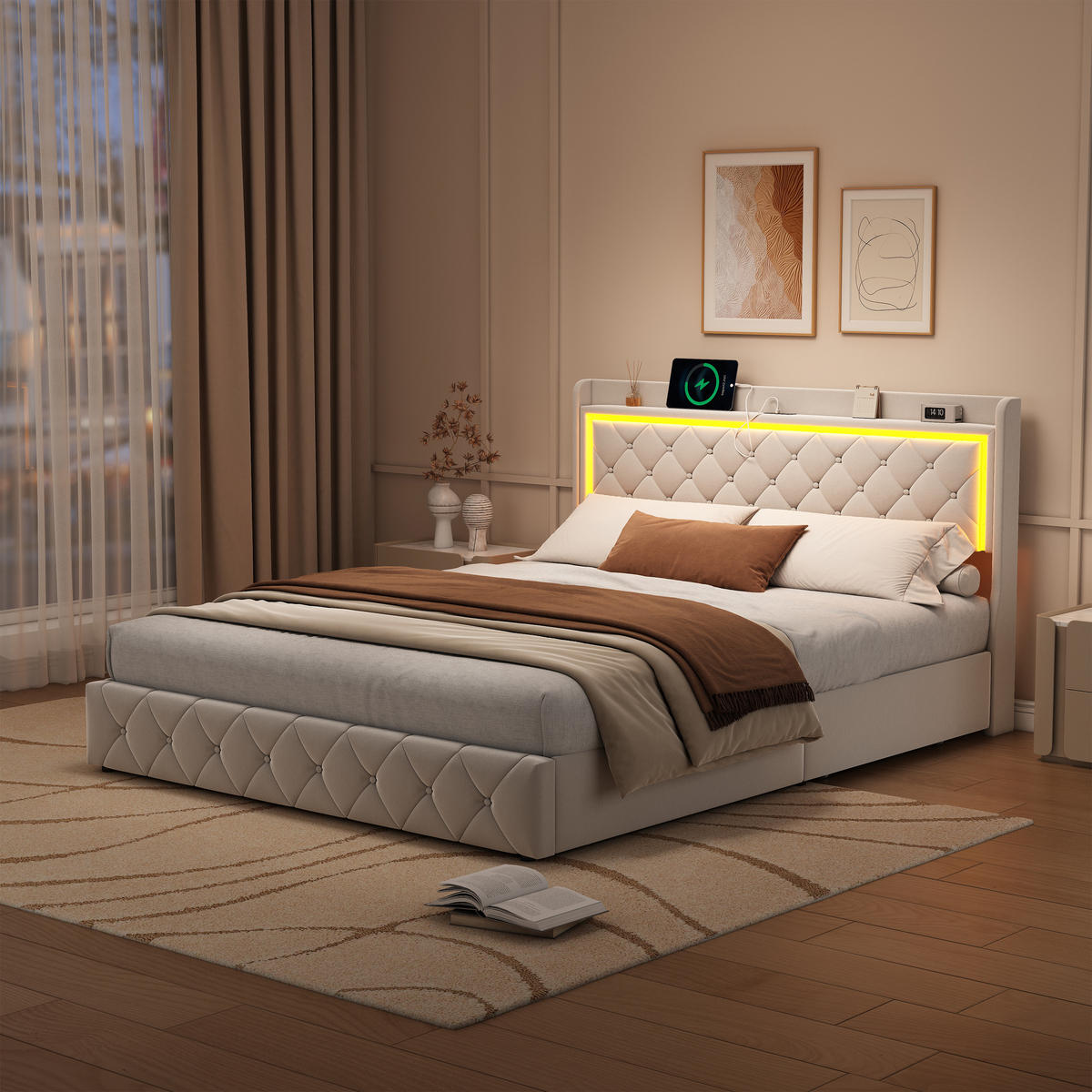 POLSTERBETT 140x190 Beige Samt Gasdruckfeder - Beige, Holzwerkstoff (140/200cm) - SHOPENTRA