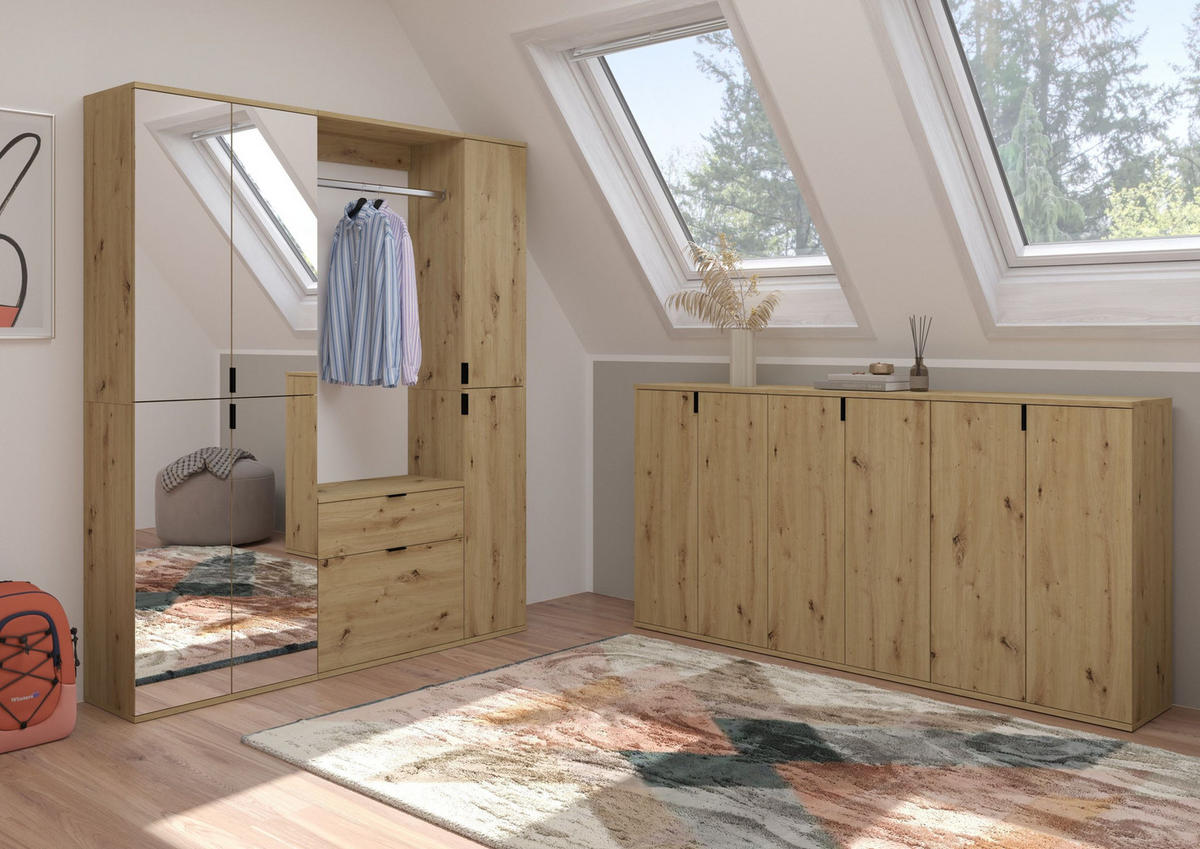 KOMMODE + Garderobenstange Projekt X Garderobe in Artisan Eiche Nachbildung B/H/T: 61x62x34 cm - Eiche Artisan, Holzwerkstoff (60/61/34cm)