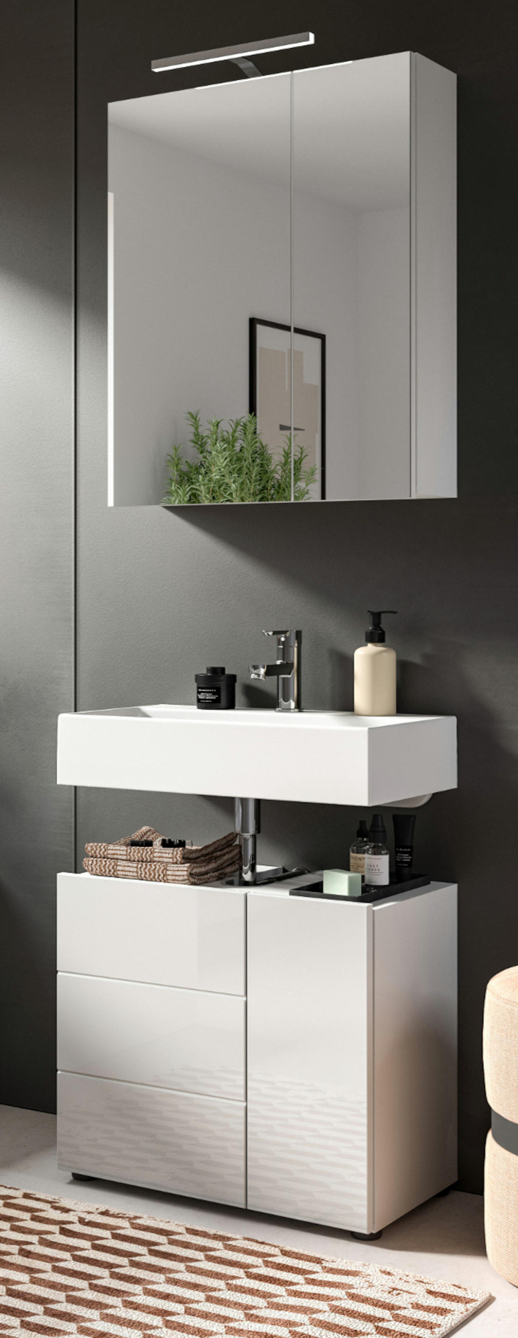 BADMÖBEL-SET 2-teilig weiß Hochglanz, Badkombination 60 x 190 cm - Weiß Hochglanz, Glas/Holzwerkstoff (60/190/34cm) - Inn.Furn