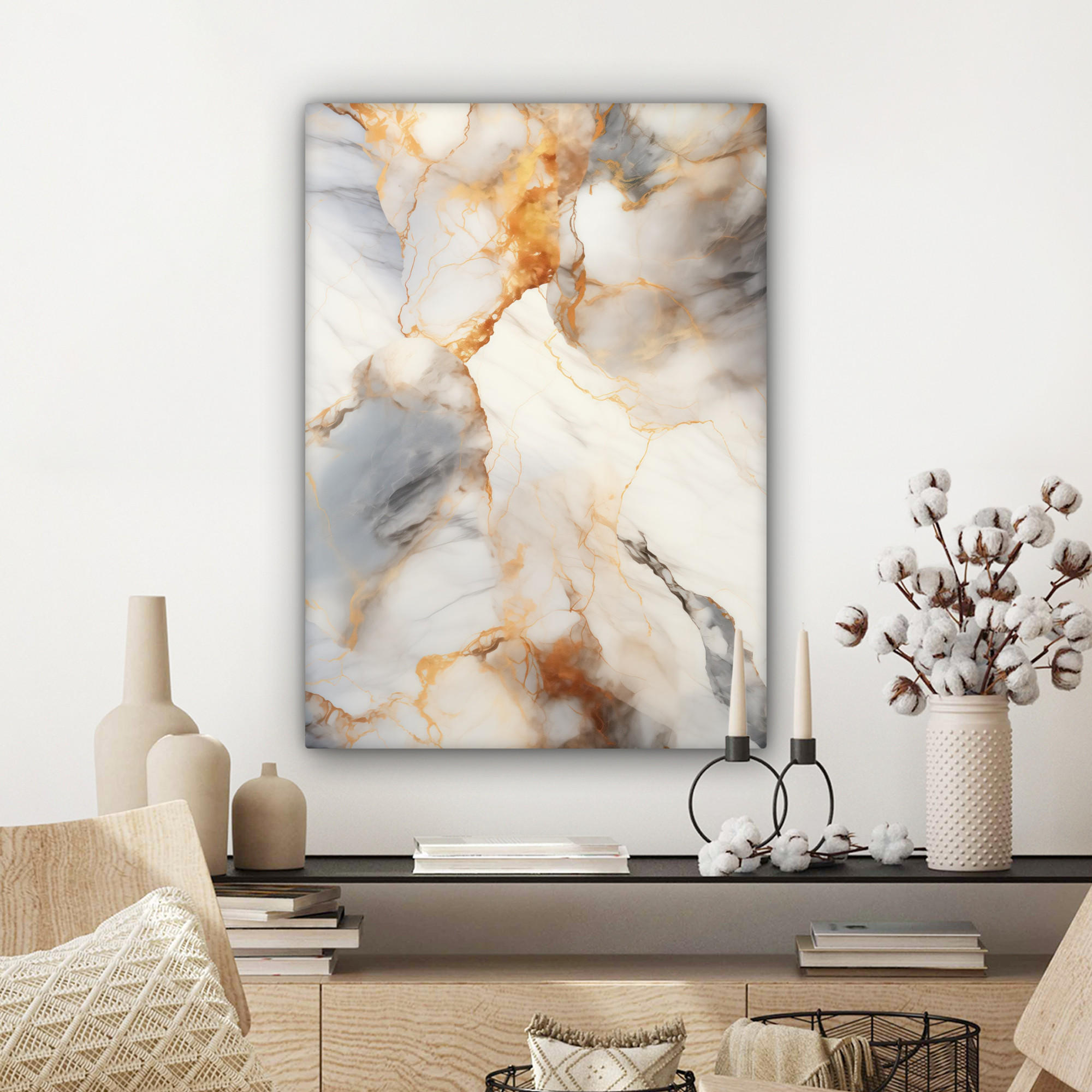 LEINWANDBILD Marmor - Grau - Gold 60x80 cm - Weiß, Textil (60/80cm) - MuchoWow