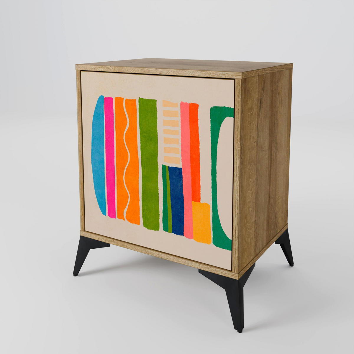 SIDEBOARD GEOMETRIC SHINE, Eichefarben, 57,5x42x67,5 cm, Schwarze Metall-Rahmenfüße - Eichefarben/Multicolor, Holzwerkstoff/Metall (57.5/67.5/42cm) - SpaceRebels