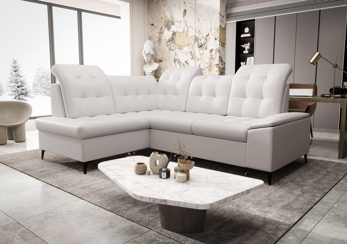 ECKSOFA KONGO RBN16, Eckcouch in L-Form mit Schlaffunktion, Farbe: Weiß, Kunstleder, Ottomane Links - Weiß, Textil (268/210cm) - O-Sofa