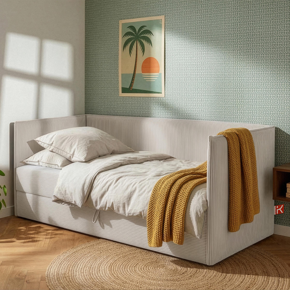 JUGENDBETT ROTI Einzelbett mit Bettkasten, 90x200cm, Bett mit Bonellmatratze, mit Rückenlehne - Creme/Schwarz, Holz/Holzwerkstoff (92/200cm) - KONSIMO®