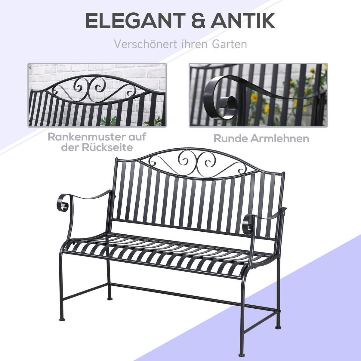 GARTENBANK, 2-Sitzer, bis 220 kg belastbar, 115,5 x 54 x 96 cm, Metall, Grau - Grau, Metall (115.5/96/54cm) - Outsunny