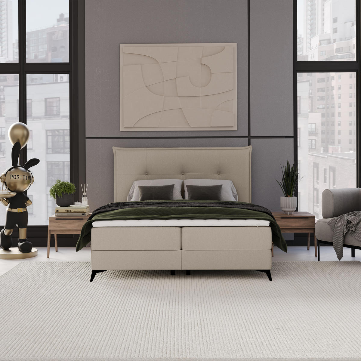 BOXBETT Menzzo Beige 180/200 cm mit Matratze und Topper - Beige/Schwarz, Holz/Holzwerkstoff (180/200cm) - Maison de Reve