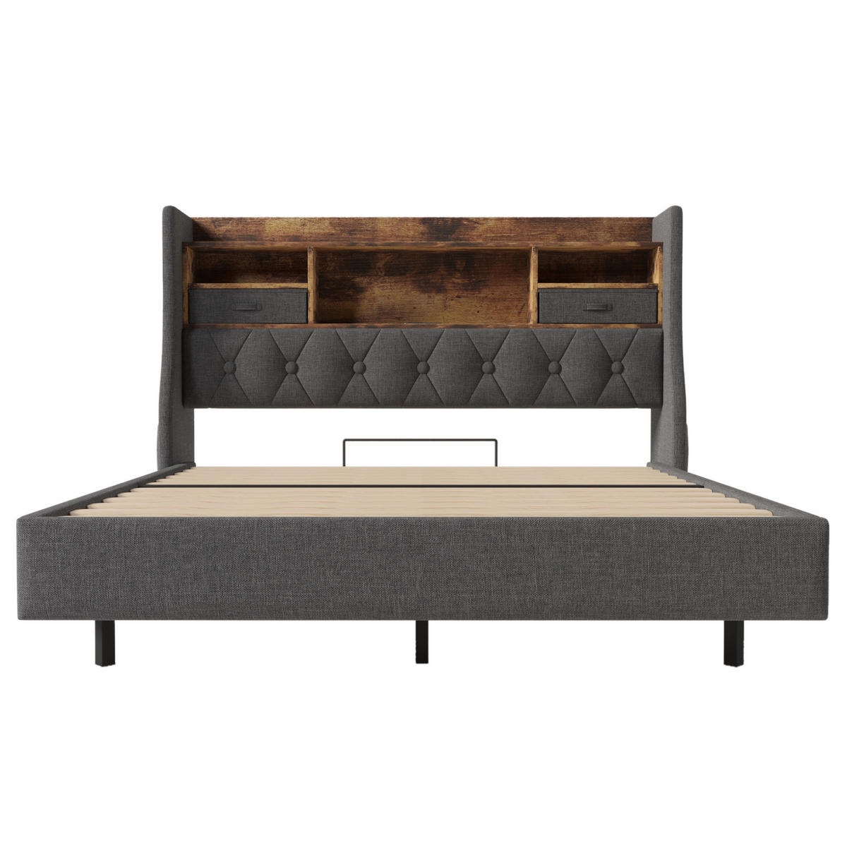 POLSTERBETT 140/190 cm mit LED-Beleuchtung, USB- und Type-C-Anschluss, Stauraum-Kopfteil aus Leinen, Grau - Grau, Textil (140/190cm) - Redom