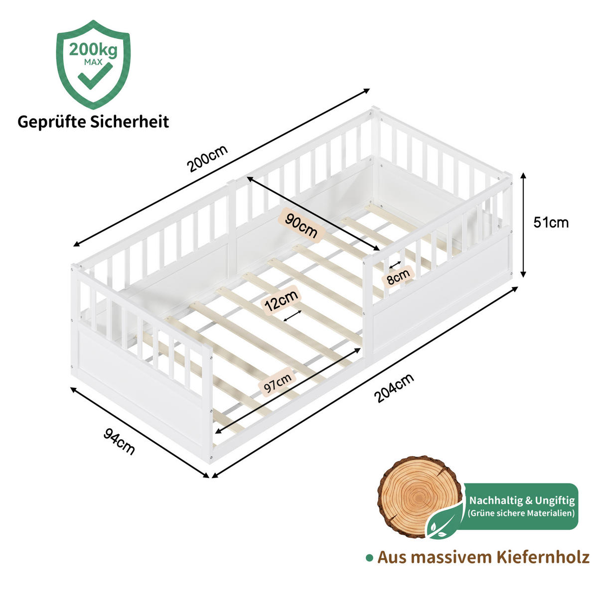 KINDERBETT 90/200 cm aus Kiefer mit Rausfallschutz und Lattenrost Weiß - Weiß, Holz (90/200cm) - Modenvie