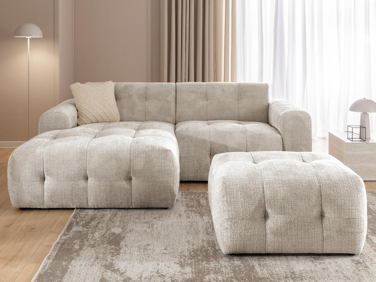 ECKSOFA inkl. Hocker Kozy im Bumpy-Design mit Schlaffunktion und fester Rückenlehne aus weichem Dunkelbeige Chenille-Stoff - Ottomane links - Beige/Schwarz, Holz/Kunststoff (161/234cm) - S-Style Möbel
